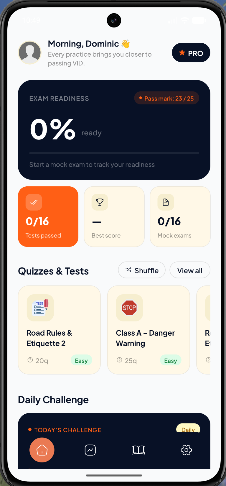 ZimDrive app screenshot showing exam readiness and daily challenge features